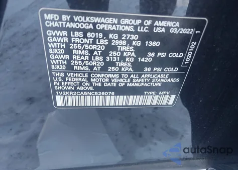 2022 Volkswagen Atlas 3.6L V6 Se W/Technology z USA, uszkodzony, nr VIN 1V2KR2CA5NC526076
